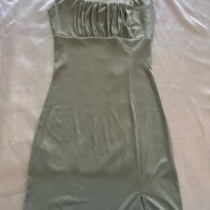 Princess Polly Sage Green Mini Dress Ruched Bust Side Slit Bodycon NWT XS